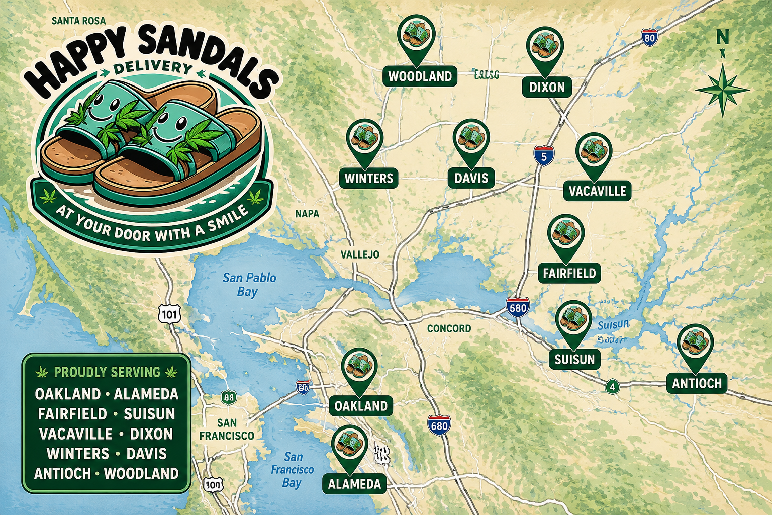 Map of Happy Sandals Delivery service areas across the Bay Area and Sacramento Valley